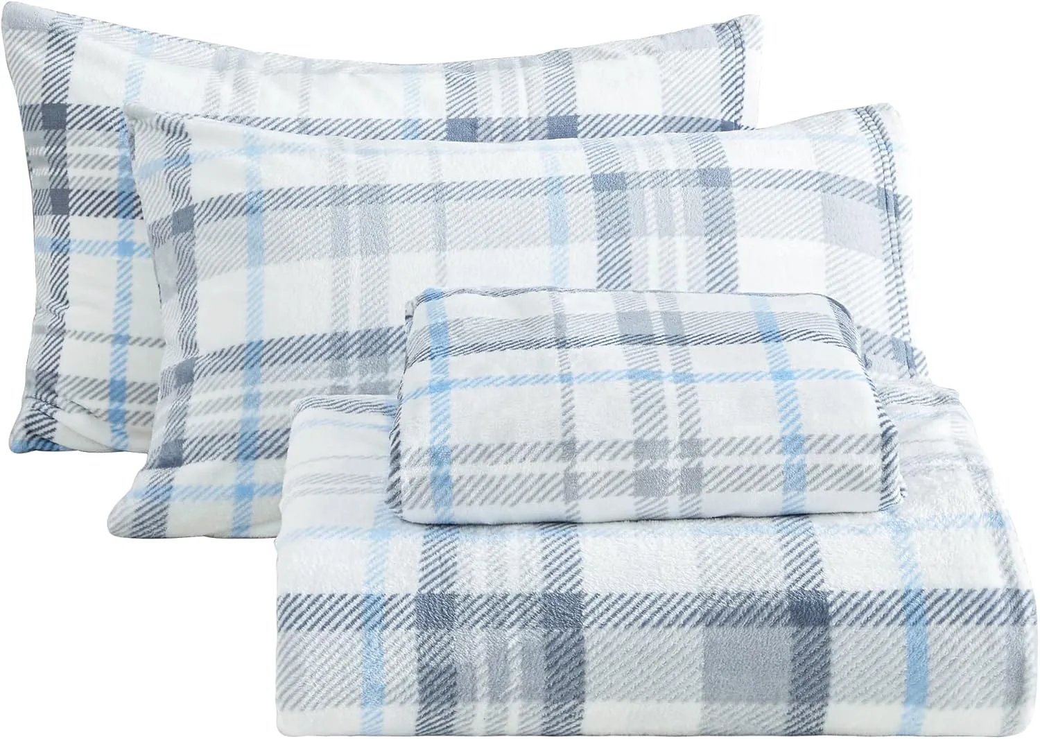 Queen Micro Fleece Sheets Set, 4-Piece Queen Size Bed Sheet Set, Plush Velvet Fleece Sheet Set with 15" Deep Pocket Fitted Sheet, Flat Sheet, 2 Pillowcase, Soft and Warm, Grey Blue Plaid