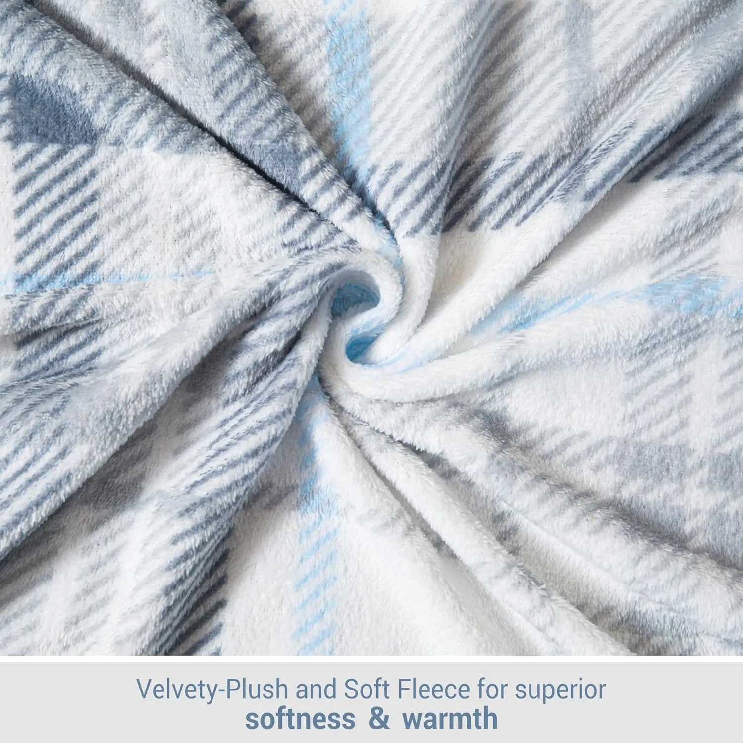 Queen Micro Fleece Sheets Set, 4-Piece Queen Size Bed Sheet Set, Plush Velvet Fleece Sheet Set with 15" Deep Pocket Fitted Sheet, Flat Sheet, 2 Pillowcase, Soft and Warm, Grey Blue Plaid