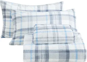 Queen Micro Fleece Sheets Set, 4-Piece Queen Size Bed Sheet Set, Plush Velvet Fleece Sheet Set with 15" Deep Pocket Fitted Sheet, Flat Sheet, 2 Pillowcase, Soft and Warm, Grey Blue Plaid
