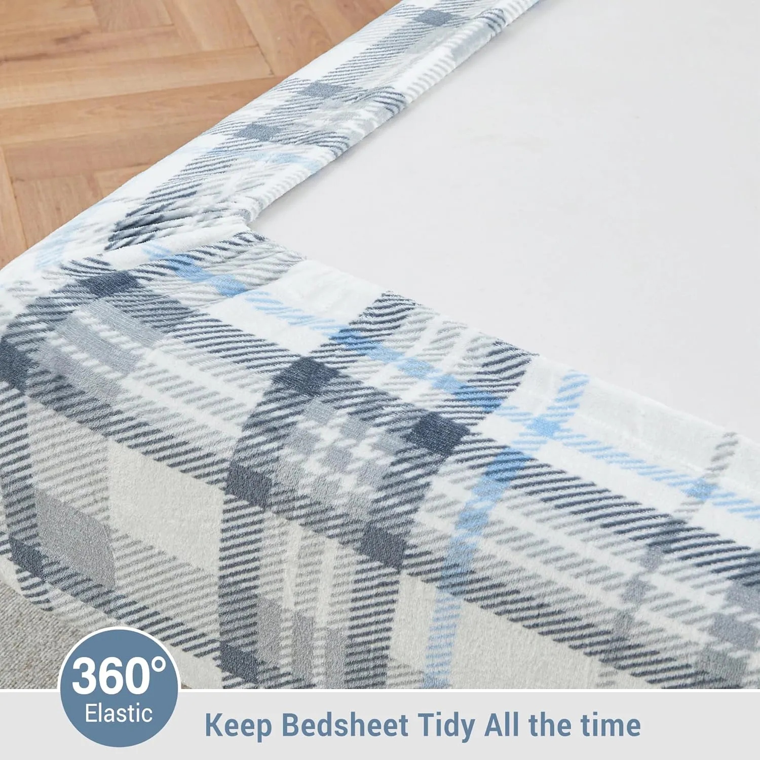 Queen Micro Fleece Sheets Set, 4-Piece Queen Size Bed Sheet Set, Plush Velvet Fleece Sheet Set with 15" Deep Pocket Fitted Sheet, Flat Sheet, 2 Pillowcase, Soft and Warm, Grey Blue Plaid