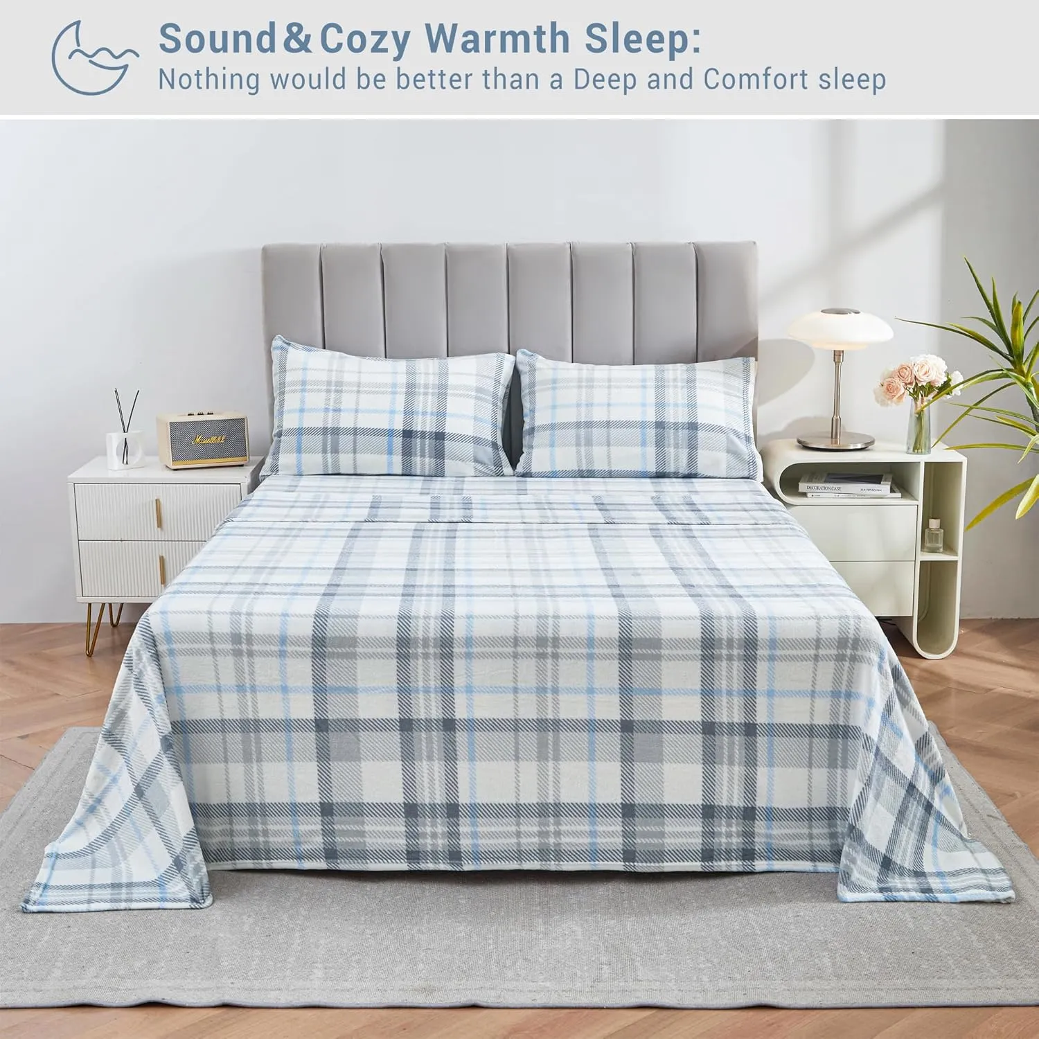 Queen Micro Fleece Sheets Set, 4-Piece Queen Size Bed Sheet Set, Plush Velvet Fleece Sheet Set with 15" Deep Pocket Fitted Sheet, Flat Sheet, 2 Pillowcase, Soft and Warm, Grey Blue Plaid