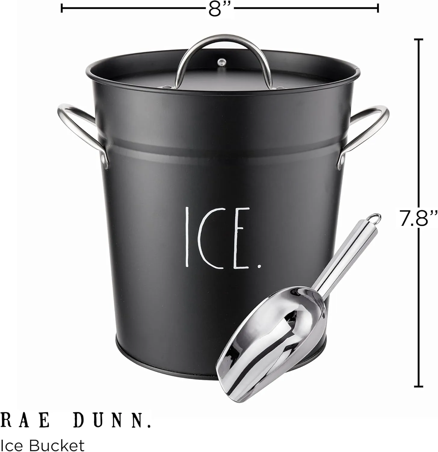 Rae Dunn Ice Bucket with Scoop - Stainless Steel Bucket with Handle, Lid and Ice Scooper - 4 Qt. Storage Bin for Ice Cubes for Bars, Parties, Backyard Barbeques, Picnics, and Camping (Black)
