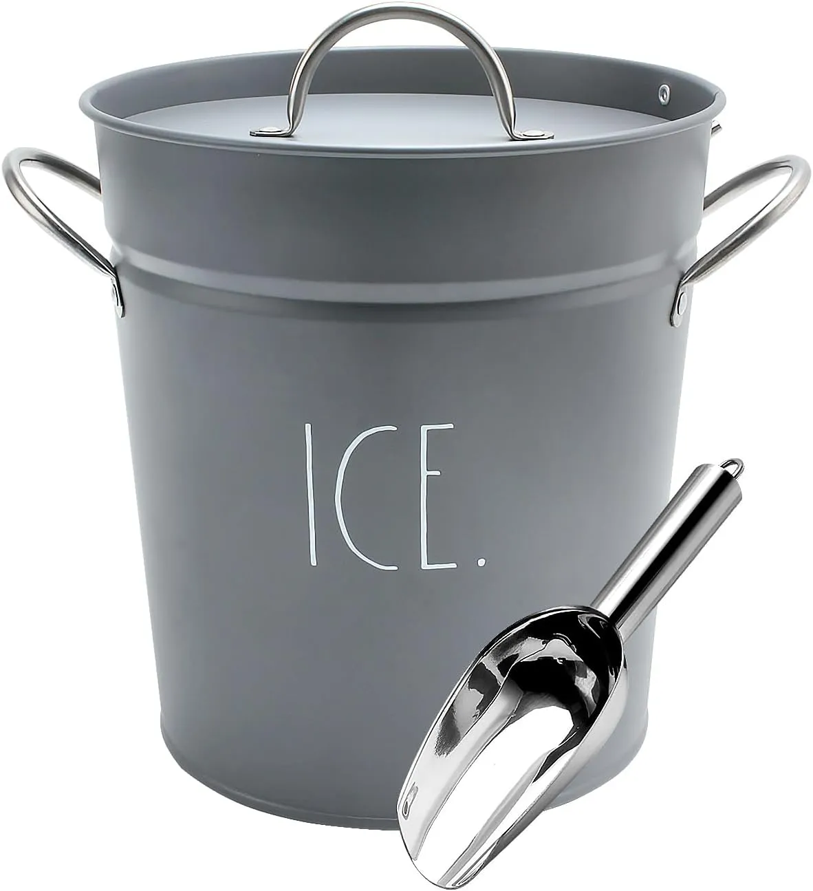 Rae Dunn Ice Bucket with Scoop - Stainless Steel Bucket with Handle, Lid and Ice Scooper - 4 Qt. Storage Bin for Ice Cubes for Bars, Parties, Backyard Barbeques, Picnics, and Camping (Grey)