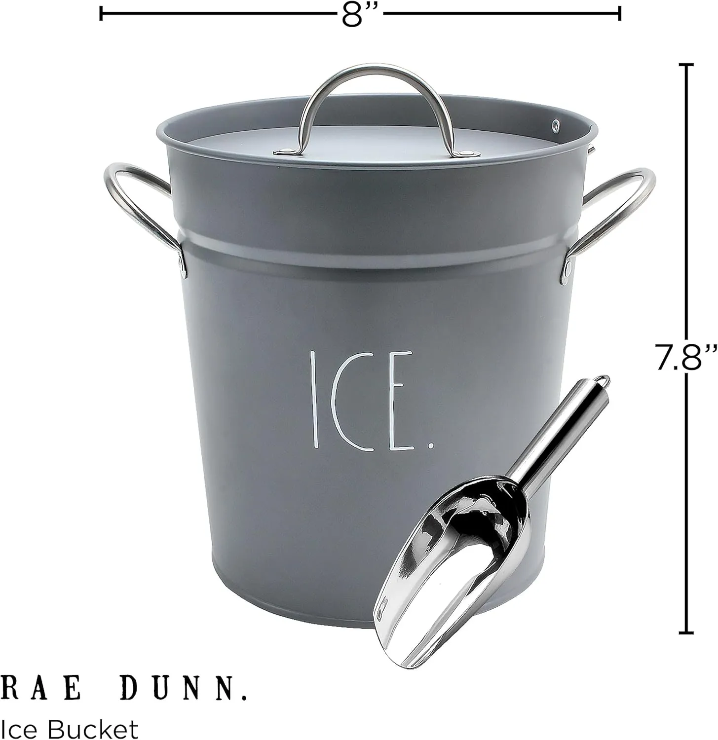 Rae Dunn Ice Bucket with Scoop - Stainless Steel Bucket with Handle, Lid and Ice Scooper - 4 Qt. Storage Bin for Ice Cubes for Bars, Parties, Backyard Barbeques, Picnics, and Camping (Grey)