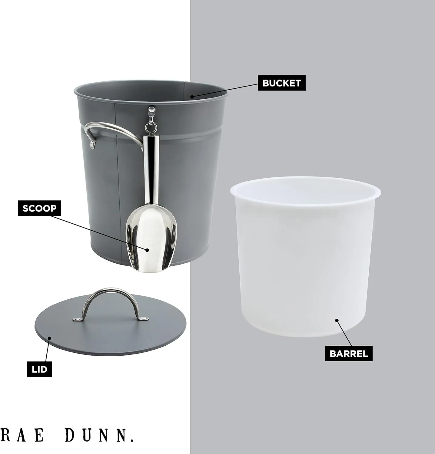 Rae Dunn Ice Bucket with Scoop - Stainless Steel Bucket with Handle, Lid and Ice Scooper - 4 Qt. Storage Bin for Ice Cubes for Bars, Parties, Backyard Barbeques, Picnics, and Camping (Grey)
