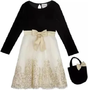 Rare Editions Velvet Bodice to Embroidered Mesh Skirt with Structured Velvet Purse, 16