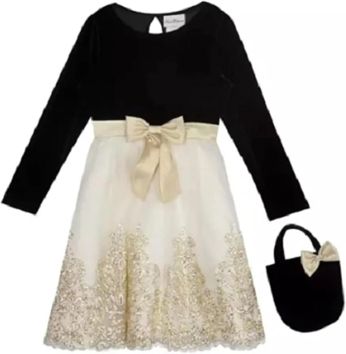 Rare Editions Velvet Bodice to Embroidered Mesh Skirt with Structured Velvet Purse, 16