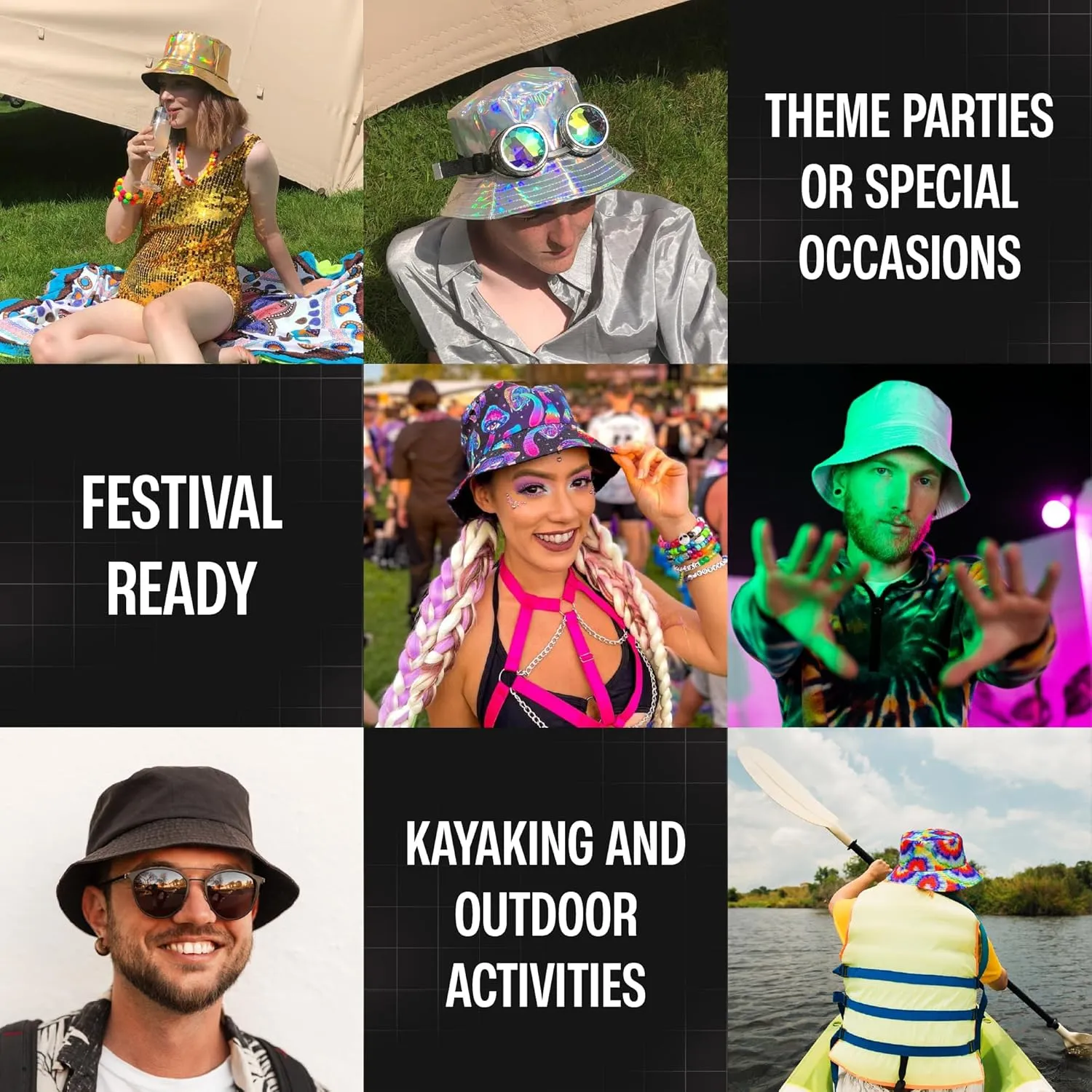 Rave Bucket Hat for Women & Men - Cute Bucket Hats - Festival Hat Adjustable 50  SPF Protection Rave Accessories