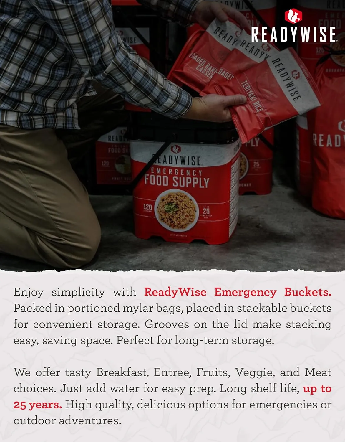 READYWISE - Emergency Food Supply Bucket, 120 Servings, MRE Meal Food Supply, Premade, Freeze Dried Survival Rations for Hiking, Adventure & Camping Essentials, Individually Packaged, 25 Year Shelf Life