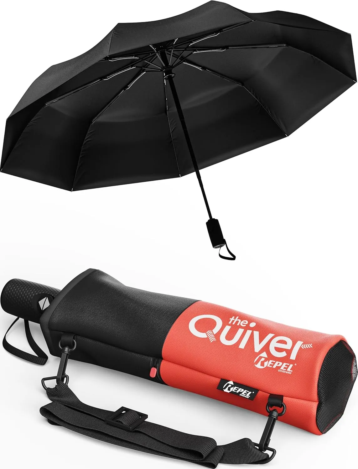 Repel Umbrella Black Umbrella With Over the Shoulder Carrying Case, Windproof Travel Umbrellas for Rain - Easy Auto Open Close, Strong Fiberglass Frame