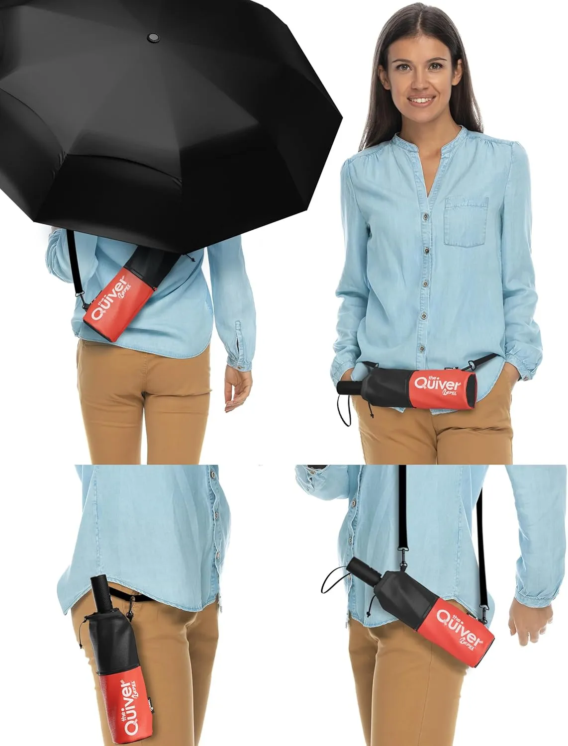 Repel Umbrella Black Umbrella With Over the Shoulder Carrying Case, Windproof Travel Umbrellas for Rain - Easy Auto Open Close, Strong Fiberglass Frame