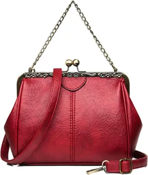 Retro Handbags and Purses for Women Chain Kiss Lock Top-Handle Satchel PU Leather Shoulder Bag Hollow Tote
