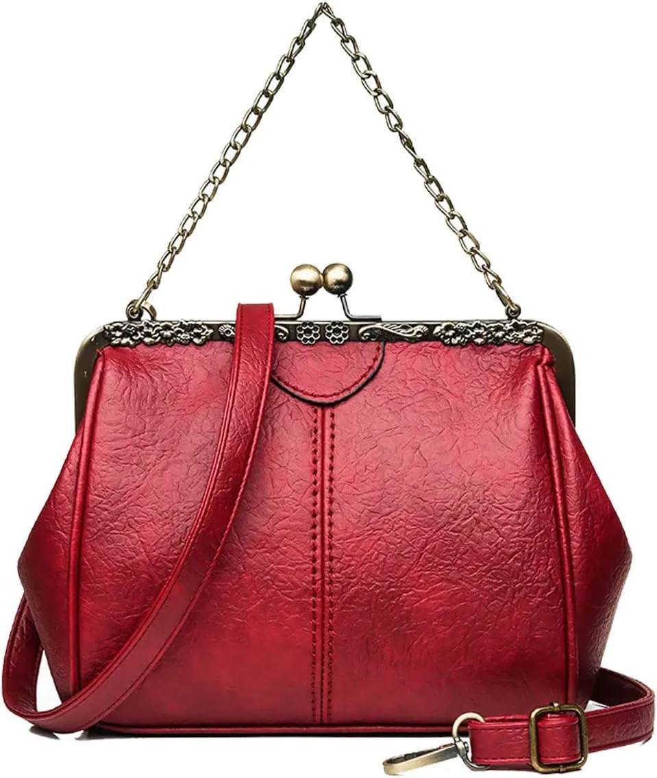 Retro Handbags and Purses for Women Chain Kiss Lock Top-Handle Satchel PU Leather Shoulder Bag Hollow Tote
