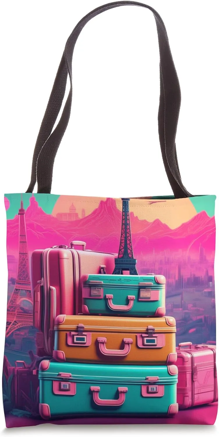 Retro Travel Scene Graphic: Iconic Landmarks & Suitcases Tote Bag