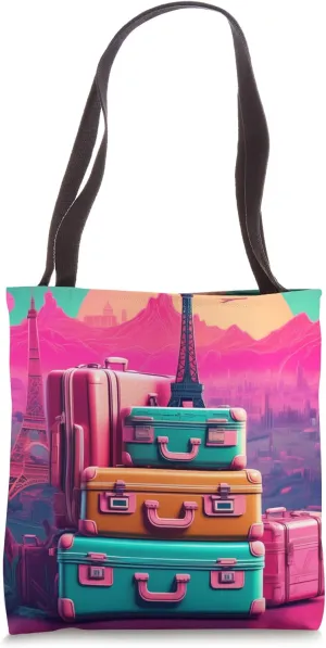 Retro Travel Scene Graphic: Iconic Landmarks & Suitcases Tote Bag