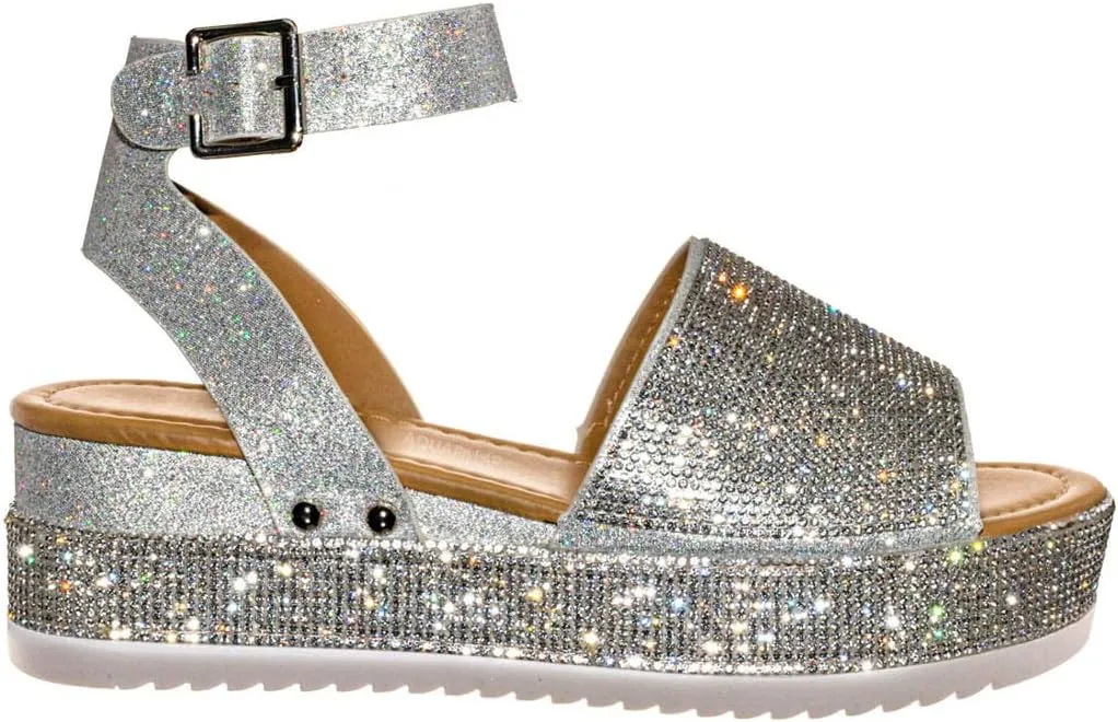 Rhinestone Glitter Flatform Sandal - Women Ankle Strap Crystal Platform