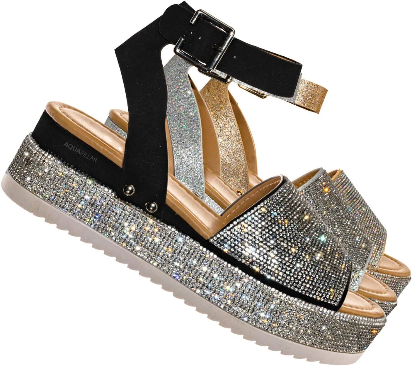Rhinestone Glitter Flatform Sandal - Women Ankle Strap Crystal Platform