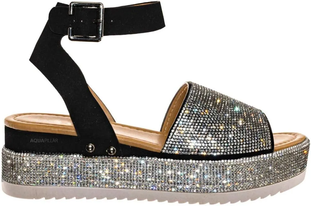 Rhinestone Glitter Flatform Sandal - Women Ankle Strap Crystal Platform