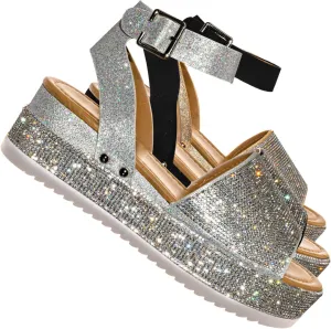 Rhinestone Glitter Flatform Sandal - Women Ankle Strap Crystal Platform
