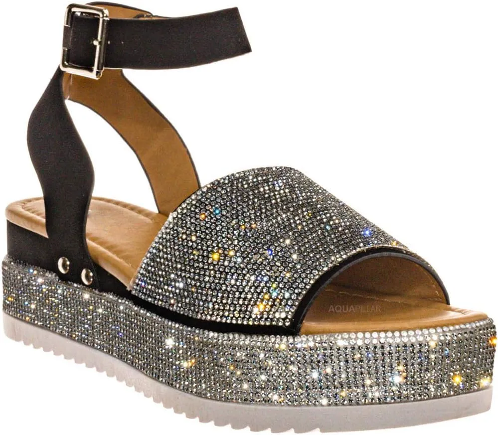 Rhinestone Glitter Flatform Sandal - Women Ankle Strap Crystal Platform