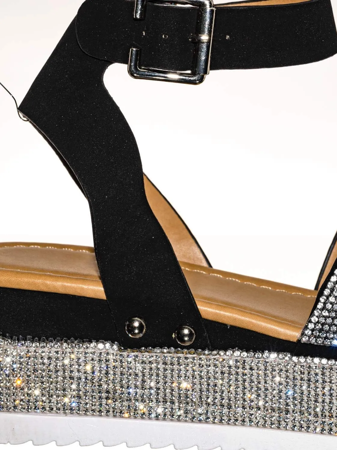 Rhinestone Glitter Flatform Sandal - Women Ankle Strap Crystal Platform