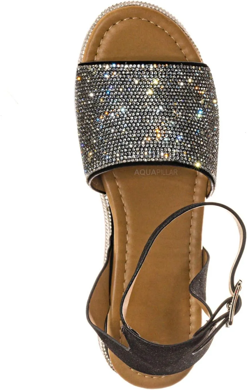 Rhinestone Glitter Flatform Sandal - Women Ankle Strap Crystal Platform