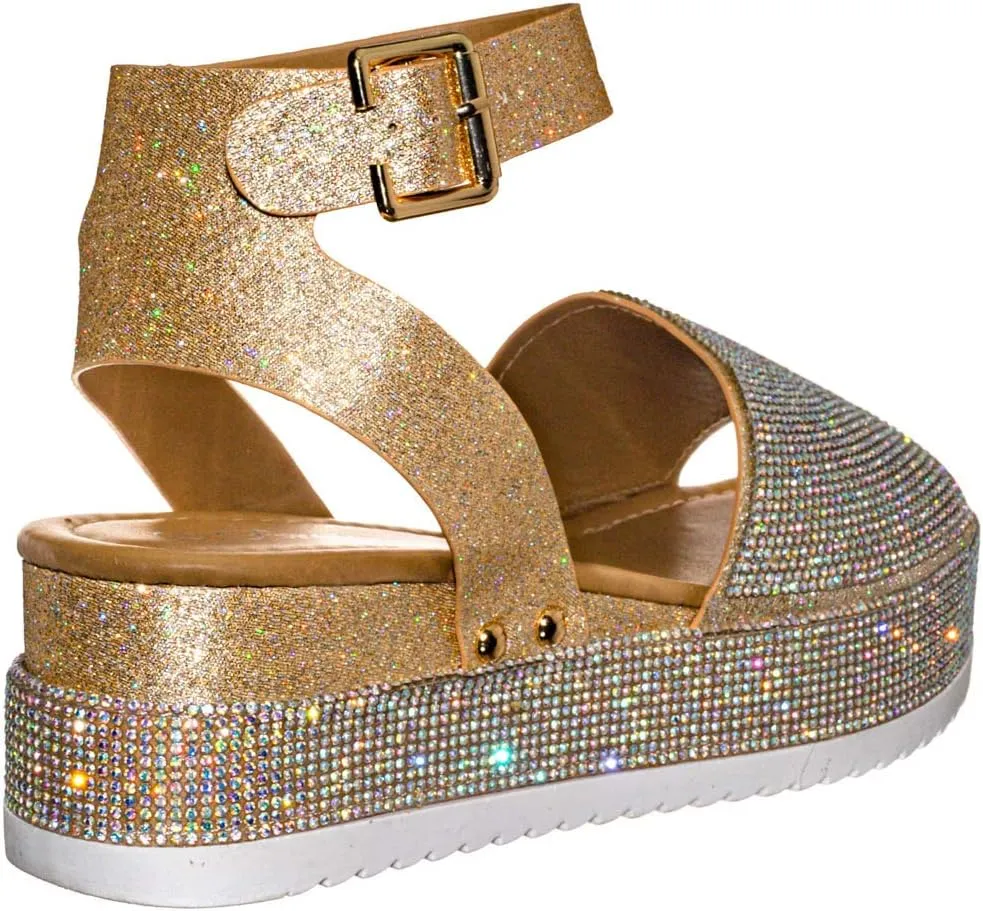Rhinestone Glitter Flatform Sandal - Women Ankle Strap Crystal Platform