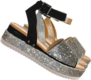 Rhinestone Glitter Flatform Sandal - Women Ankle Strap Crystal Platform