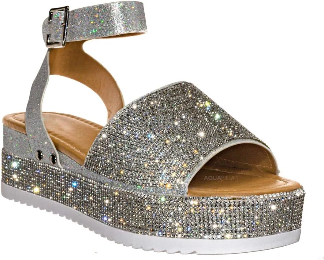 Rhinestone Glitter Flatform Sandal - Women Ankle Strap Crystal Platform
