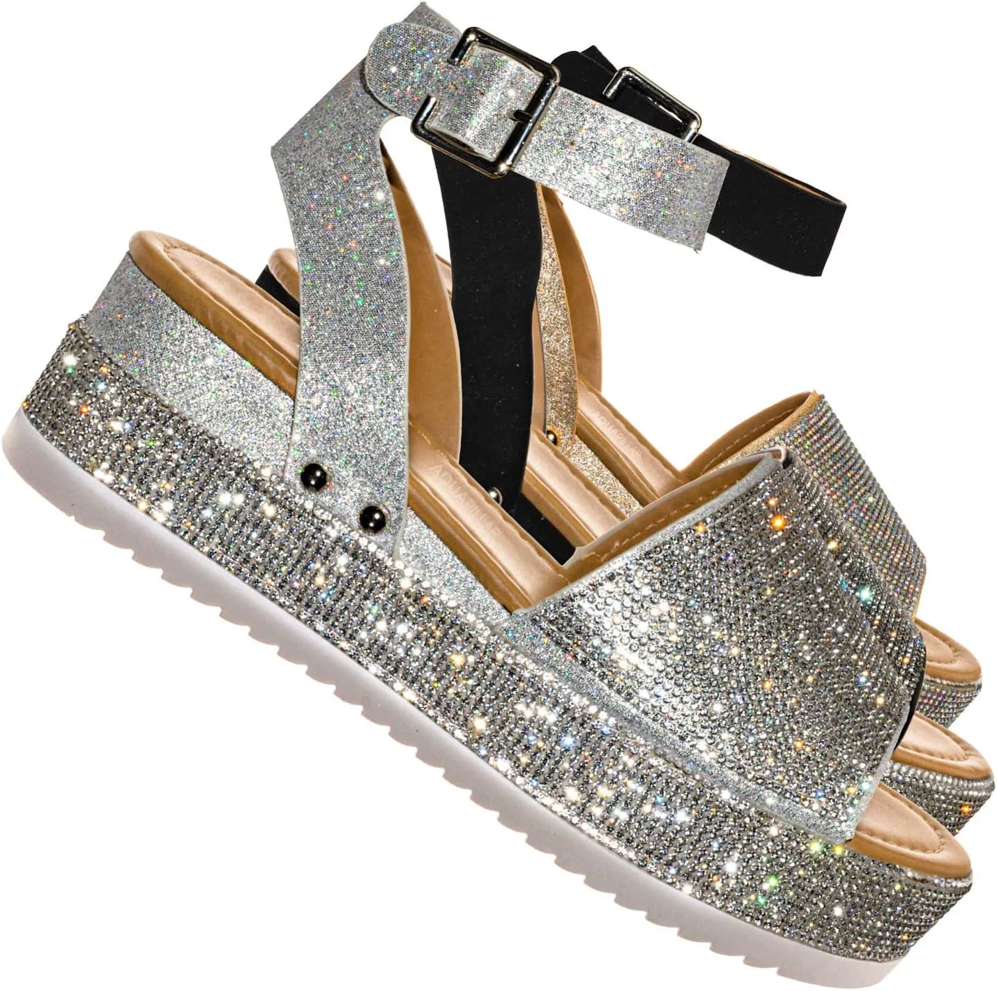 Rhinestone Glitter Flatform Sandal - Women Ankle Strap Crystal Platform
