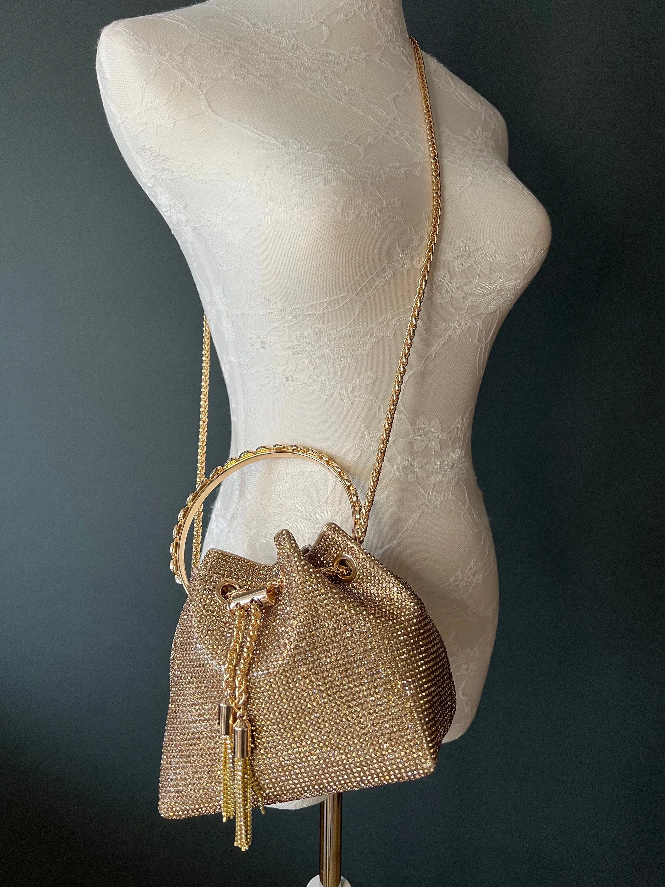 Rhinestone Handbag, Jewel Bucket Bag, Handmade Rhinestone Diamanté Handbag, Silver, Gold, Crystal Mesh Bag with Crystal Handle, Satin Lining