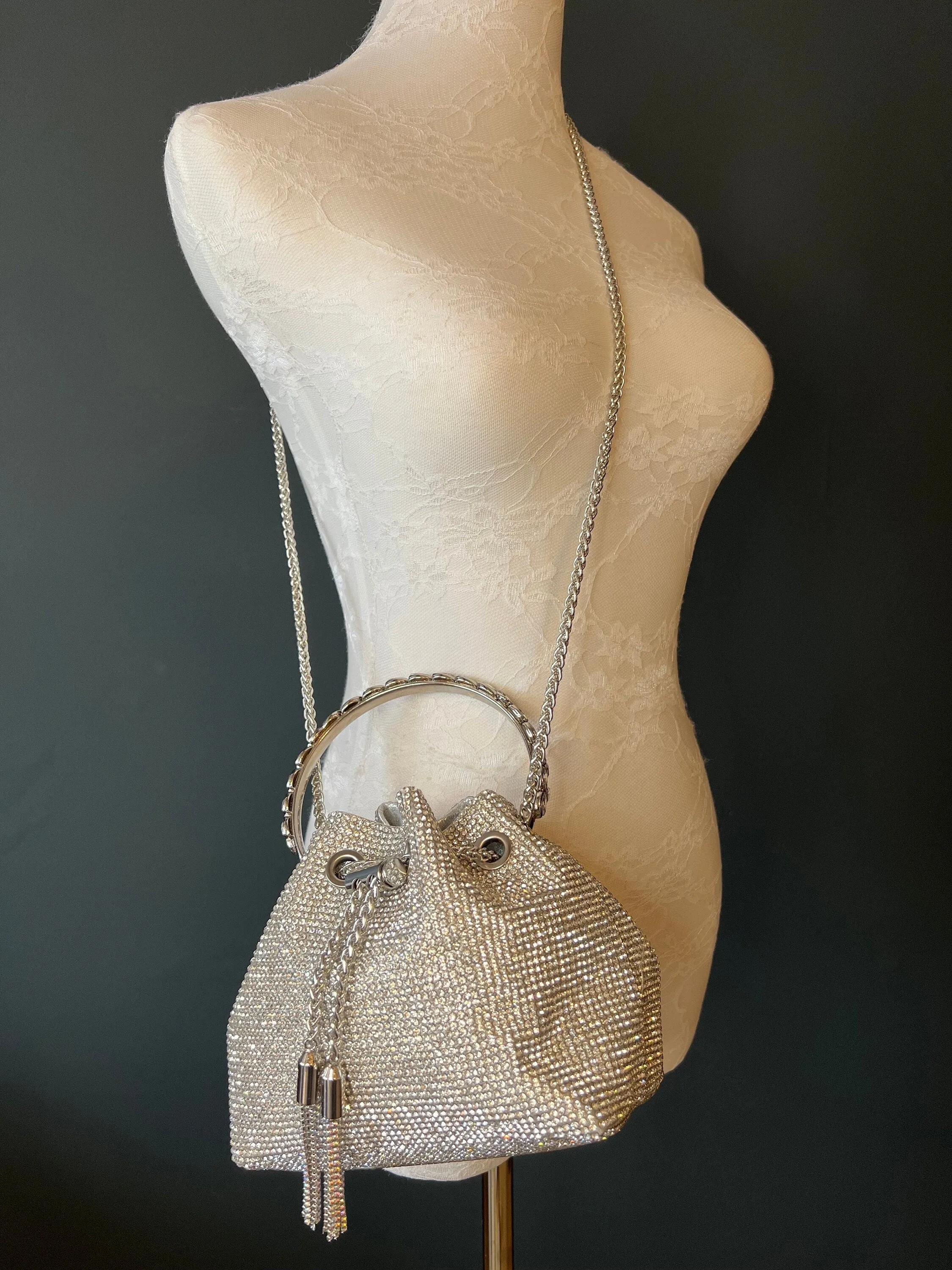 Rhinestone Handbag, Jewel Bucket Bag, Handmade Rhinestone Diamanté Handbag, Silver, Gold, Crystal Mesh Bag with Crystal Handle, Satin Lining