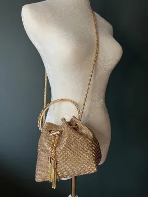 Rhinestone Handbag, Jewel Bucket Bag, Handmade Rhinestone Diamanté Handbag, Silver, Gold, Crystal Mesh Bag with Crystal Handle, Satin Lining