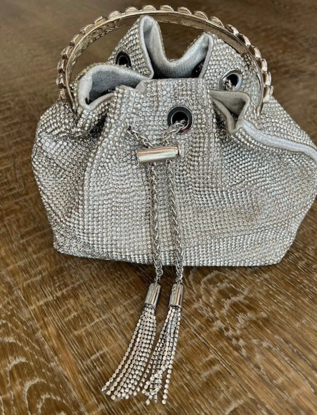 Rhinestone Handbag, Jewel Bucket Bag, Handmade Rhinestone Diamanté Handbag, Silver, Gold, Crystal Mesh Bag with Crystal Handle, Satin Lining