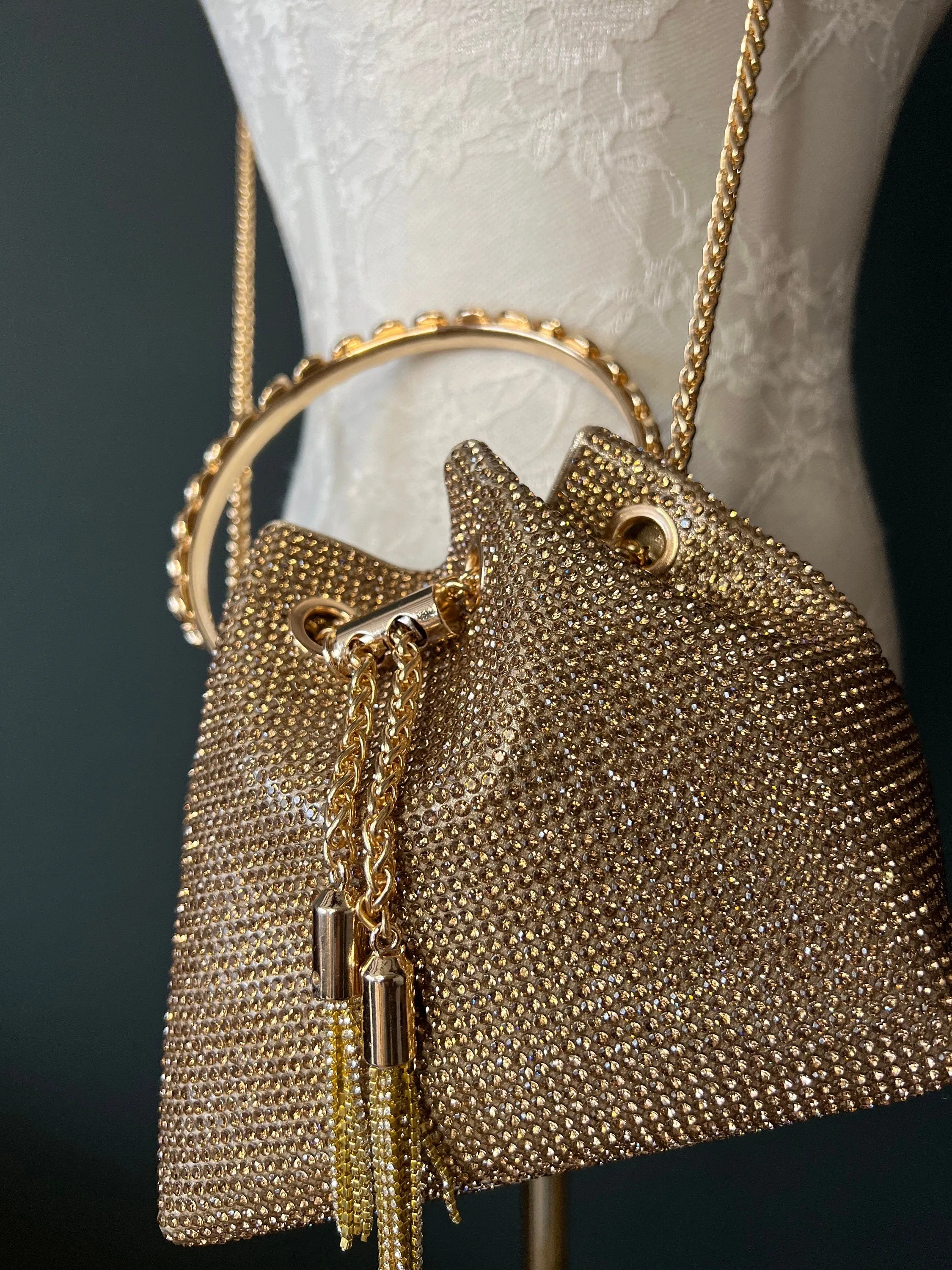 Rhinestone Handbag, Jewel Bucket Bag, Handmade Rhinestone Diamanté Handbag, Silver, Gold, Crystal Mesh Bag with Crystal Handle, Satin Lining