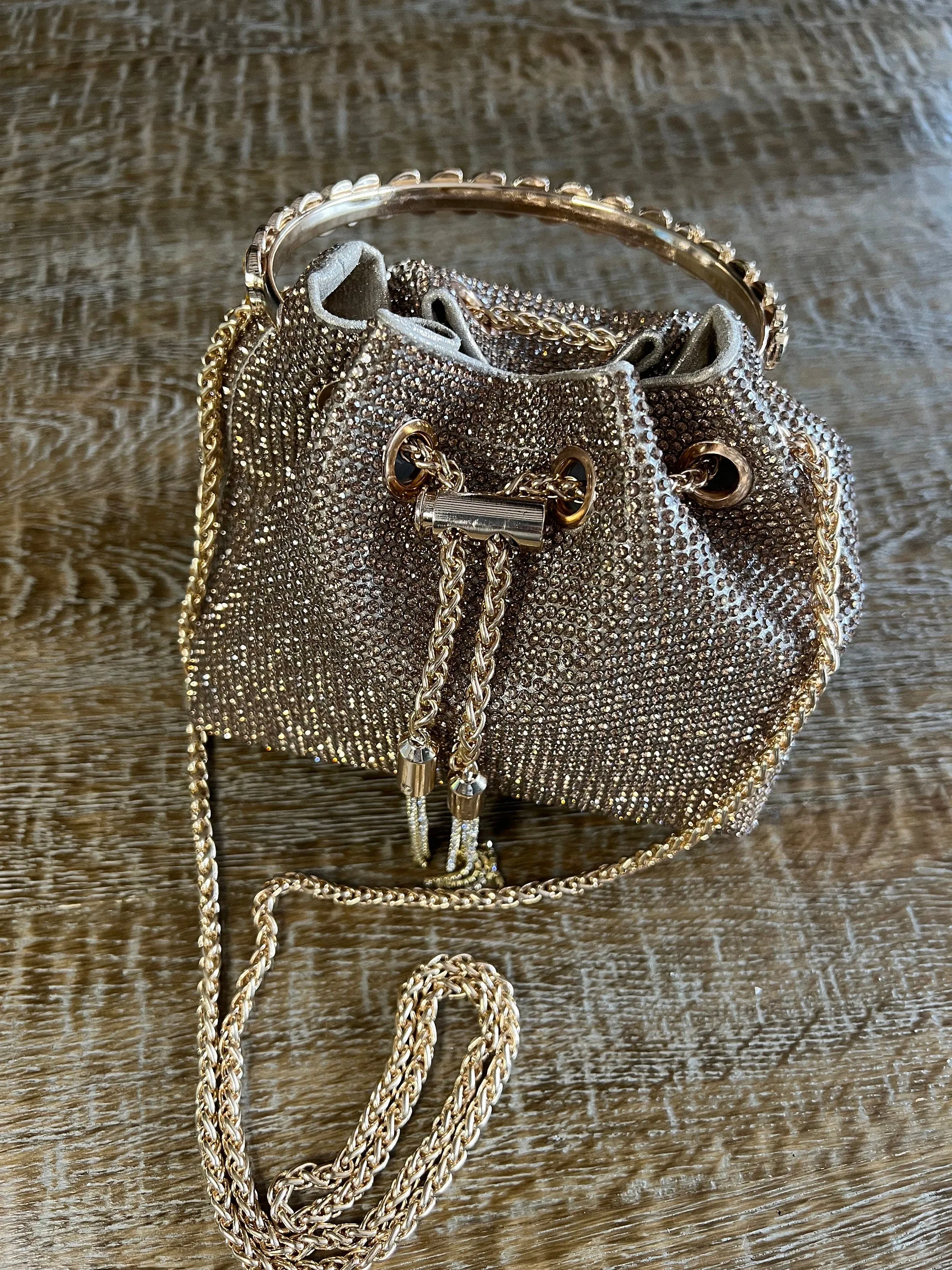 Rhinestone Handbag, Jewel Bucket Bag, Handmade Rhinestone Diamanté Handbag, Silver, Gold, Crystal Mesh Bag with Crystal Handle, Satin Lining