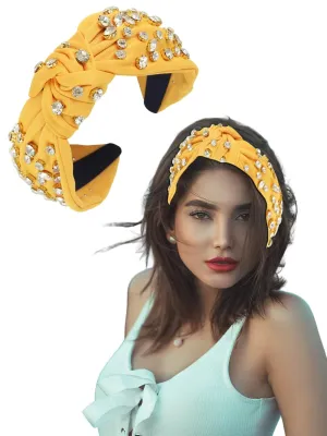 Rhinestone Knotted Headband for Women and Girls, Luxury Sparkling Crystal Handmade Embellished Twist Knot Top Hairband for Wedding Party Prom Banquet Hair Decoration Gifts(Yellow)