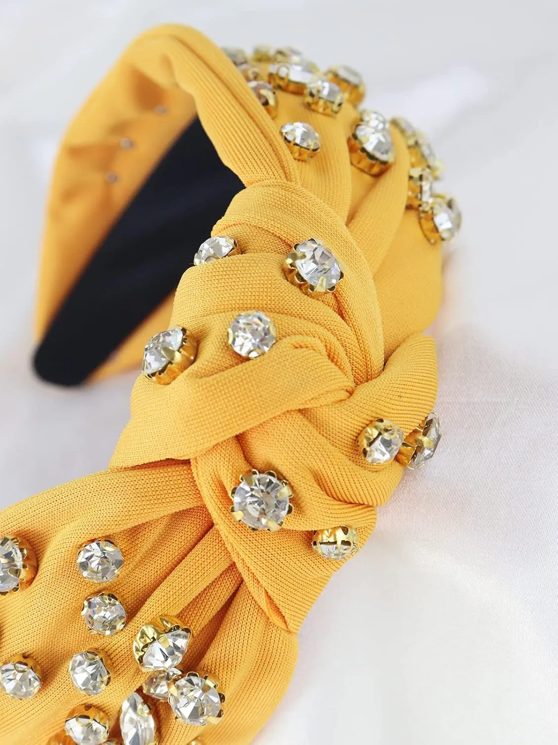 Rhinestone Knotted Headband for Women and Girls, Luxury Sparkling Crystal Handmade Embellished Twist Knot Top Hairband for Wedding Party Prom Banquet Hair Decoration Gifts(Yellow)