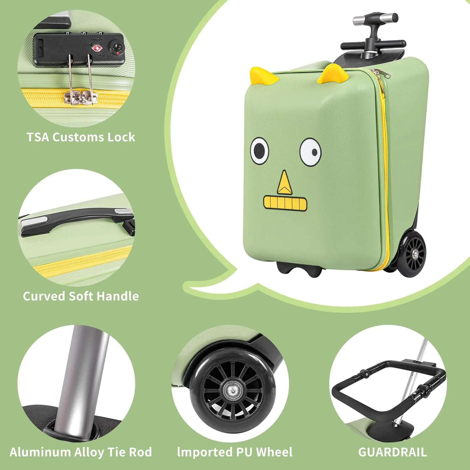 Ride on Suitcase for Kids, 20 inch Hardside Kids Luggage Ride on,Large Suitcases with Child Seat Design with 4 Universal Wheels Help Your Child Travel (Green)