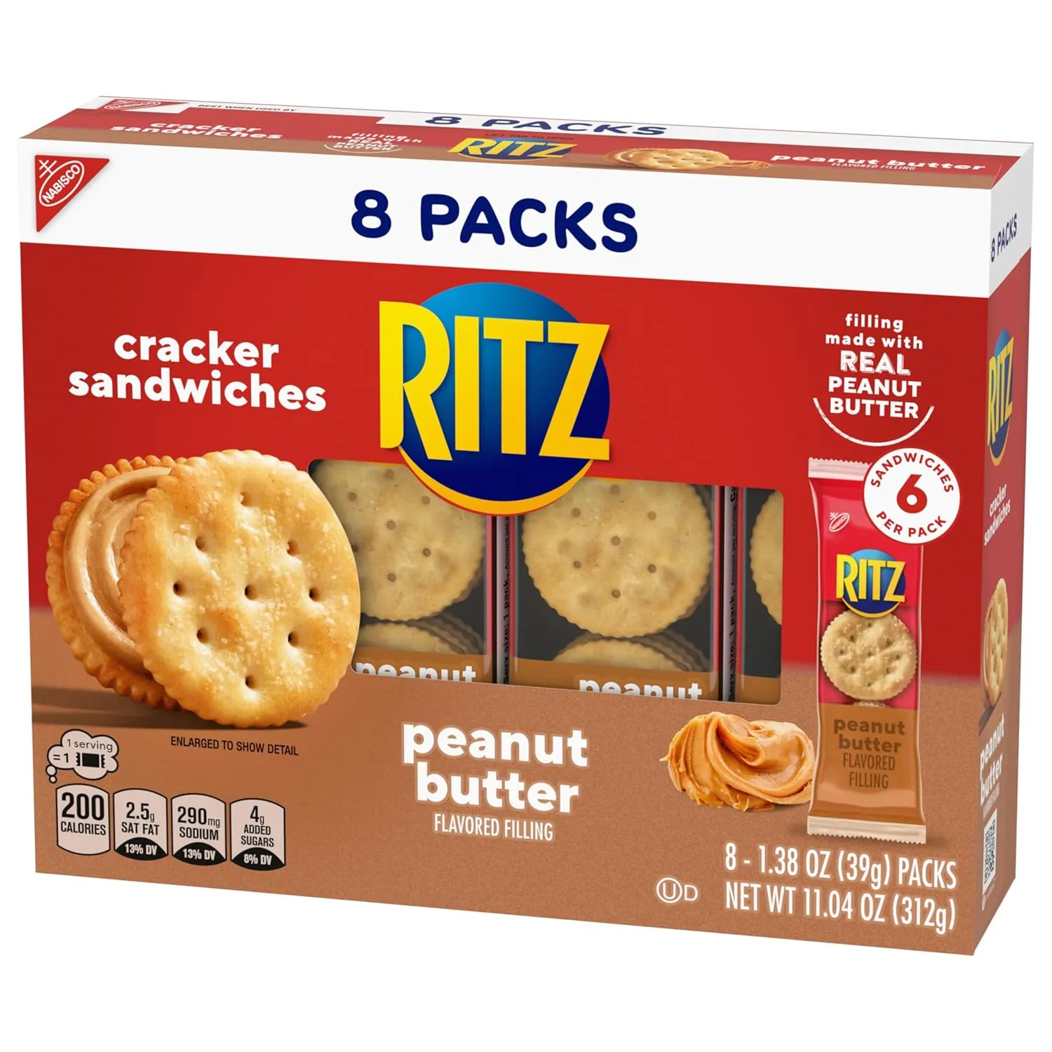 RITZ Peanut Butter Sandwich Crackers, Lunch Snacks, 48 Snack Packs (6 Boxes, 6 Crackers Per Pack)