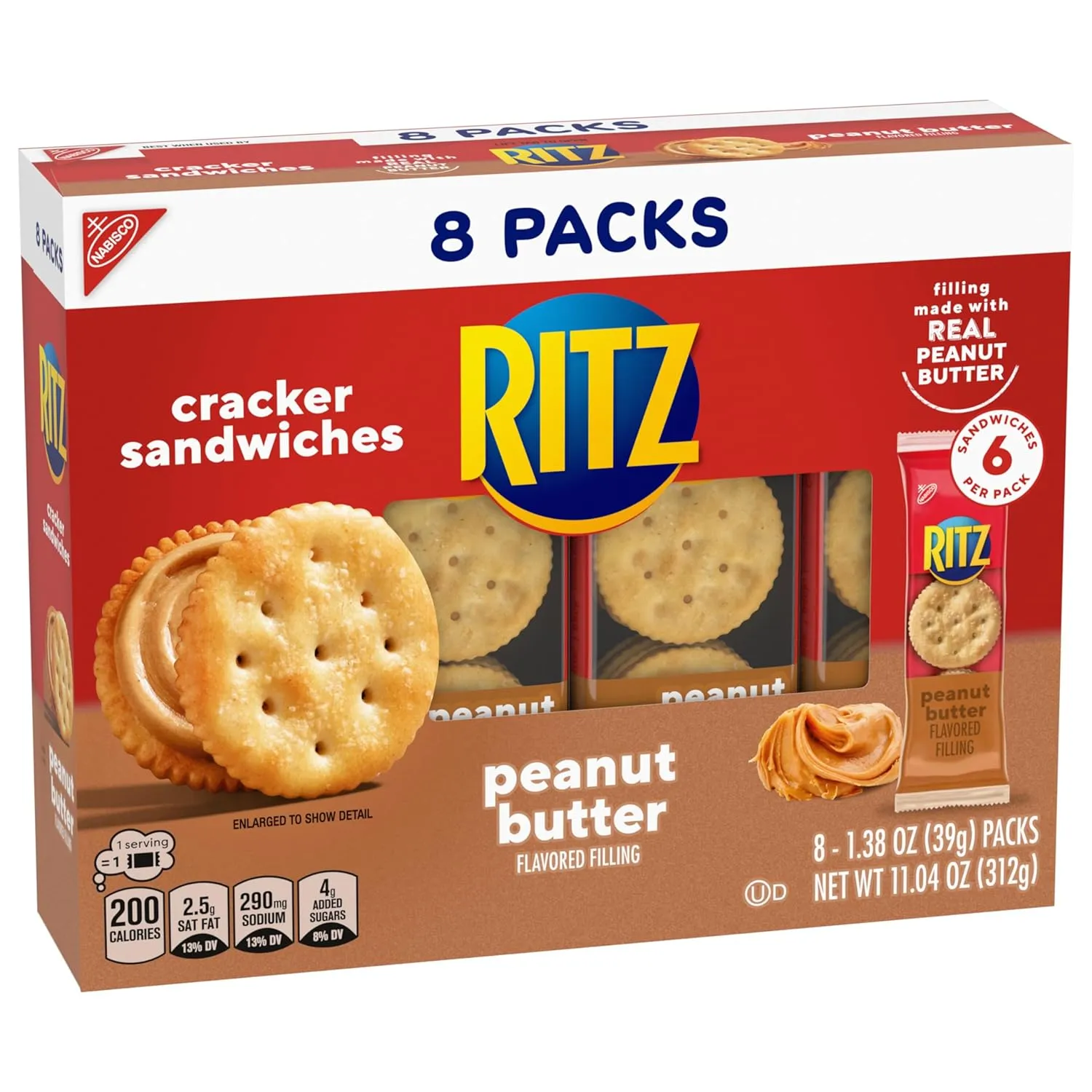 RITZ Peanut Butter Sandwich Crackers, Lunch Snacks, 48 Snack Packs (6 Boxes, 6 Crackers Per Pack)