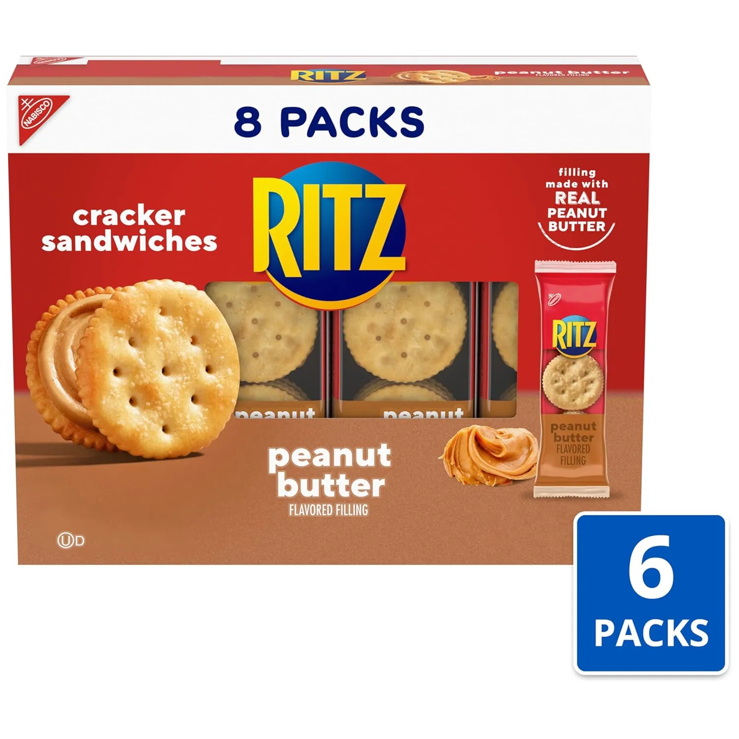 RITZ Peanut Butter Sandwich Crackers, Lunch Snacks, 48 Snack Packs (6 Boxes, 6 Crackers Per Pack)