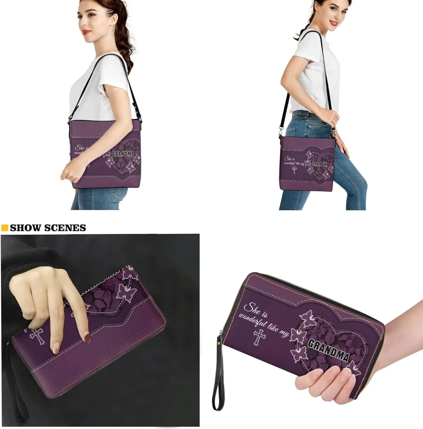 Rnyleeg Personalized Leather Crossbody Bag for Women Custom Name Shoulder Bag with Matching Customized Wallet 2 Pcs