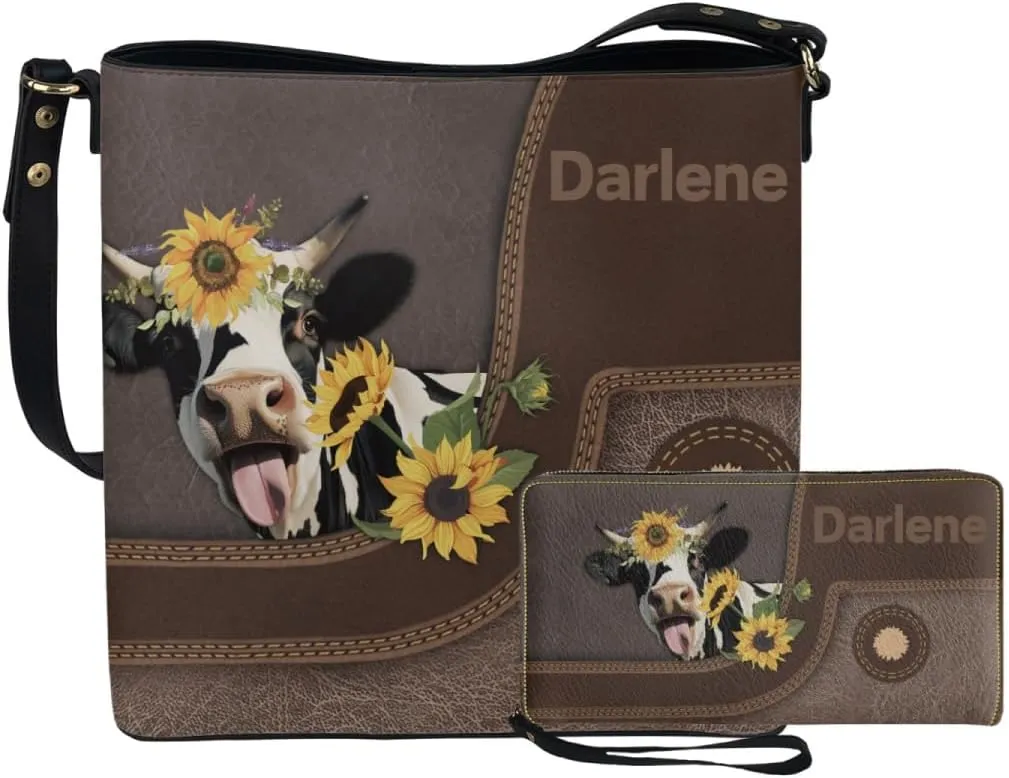 Rnyleeg Personalized Leather Crossbody Bag for Women Custom Name Shoulder Bag with Matching Customized Wallet 2 Pcs