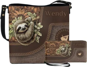 Rnyleeg Personalized Leather Crossbody Bag for Women Custom Name Shoulder Bag with Matching Customized Wallet 2 Pcs