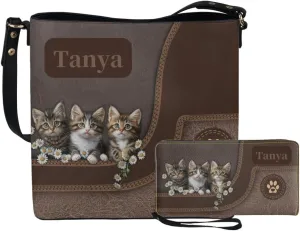Rnyleeg Personalized Leather Crossbody Bag for Women Custom Name Shoulder Bag with Matching Customized Wallet 2 Pcs