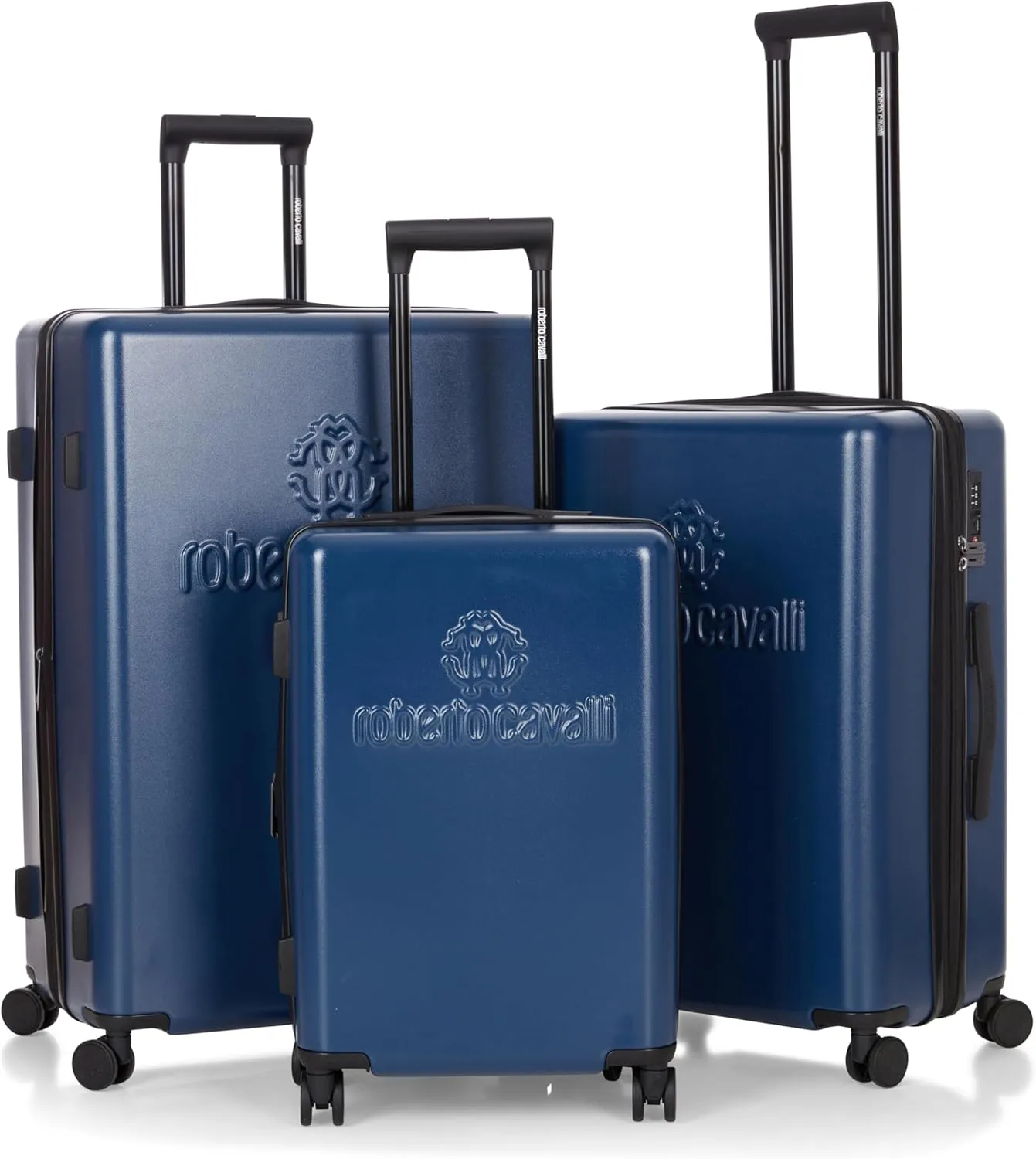 ROBERTO CAVALLI LOGO Luxury 3 Piece Luggage Set, Expandable Hard Shell Suitcases with 8 Spinner Wheels, Combination Lock Large Suitcase Set for Men and Women -Navy Blue