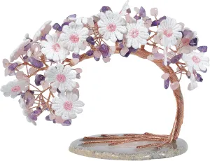 rockcloud Amethyst& Rose Quartz Crystal Money Tree Lace Flower with Agate Slice Base, Feng Shui Gemstone Tree of Life for Home Office Desktop Decor