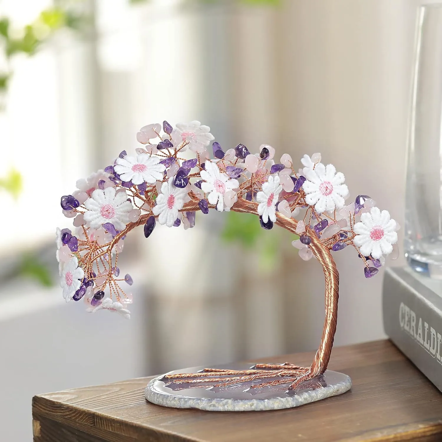 rockcloud Amethyst& Rose Quartz Crystal Money Tree Lace Flower with Agate Slice Base, Feng Shui Gemstone Tree of Life for Home Office Desktop Decor