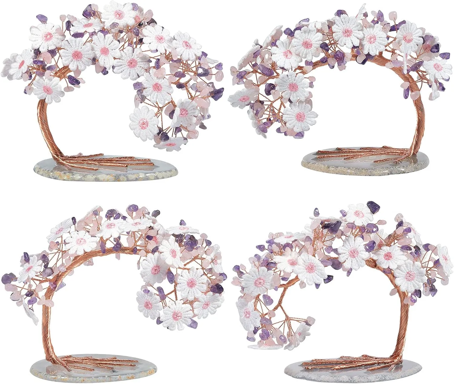 rockcloud Amethyst& Rose Quartz Crystal Money Tree Lace Flower with Agate Slice Base, Feng Shui Gemstone Tree of Life for Home Office Desktop Decor
